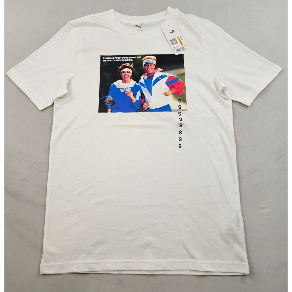 Puma motivation tee t-shirt mens S Small white running print 686496 02 crew